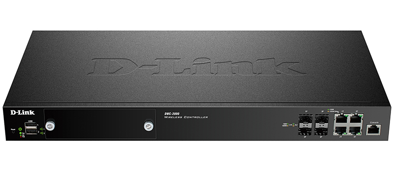 D-Link DWC-2000/A2A, WLAN Controller with 4 100/1000Base-T/combo-SFP ports, manage up to 64/256 Unified APs. 4x 10/100/1000 BASE-T GE/SFP Ports, 2x USB 2.0 Ports, Slot for hard disk drive module, 1x