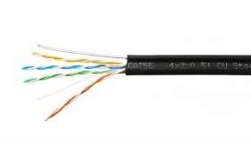 Кабель Skynet Premium UTP4 cat.5е, одножильный, 305м, Cu, Проходит Fluke тест, для наружных работ, с тросом, черный