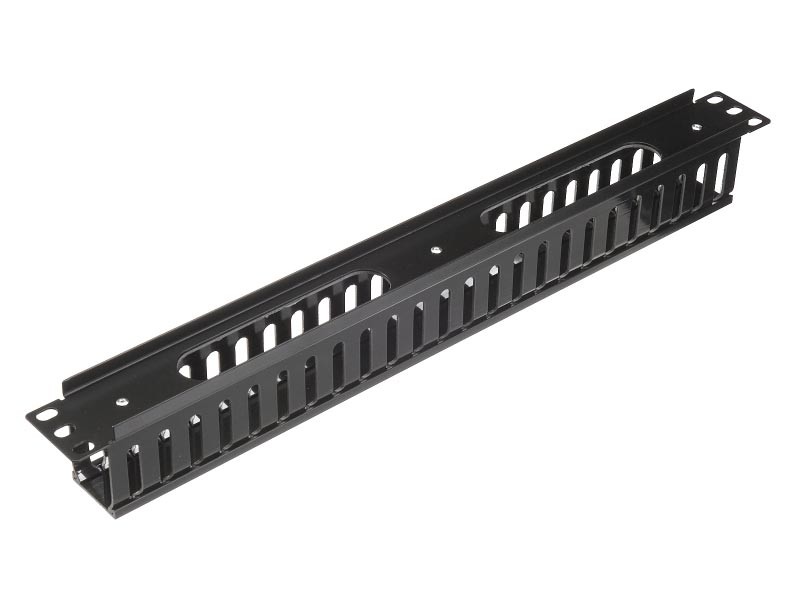 Кабельный органайзер 19, 1U, металлический, с пласт. крышкой, пласт. кольца, черный SB