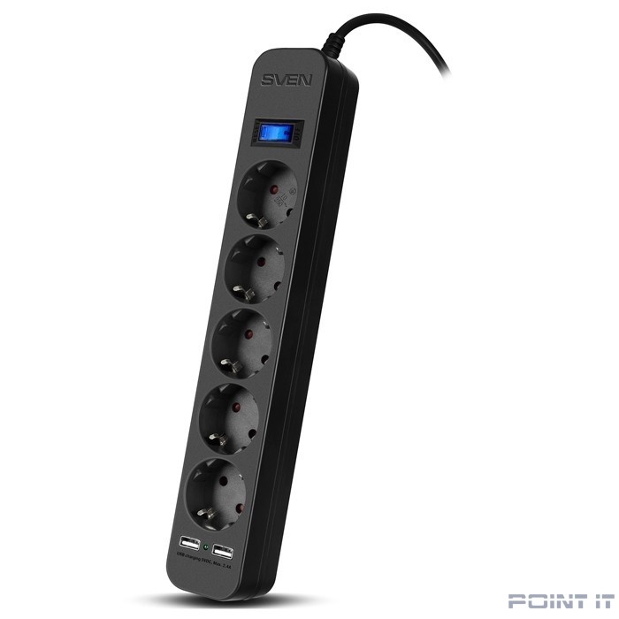 SVEN Фильтр SF-05LU 5.0 м (5 евро розеток,2*USB(2.4А)), черный, цветная коробка [SV-018856]