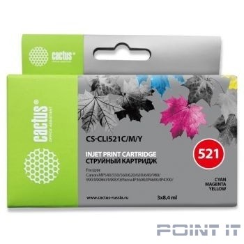 CACTUS CLI-521C/M/Y набор картриджей для Canon Pixma iP3600/iP4600/iP4700/MP540/MP550/MP560/MP620/MP630/MP640/MP980/MP990/MX860/MX870, голубой/пурпурный/желтый