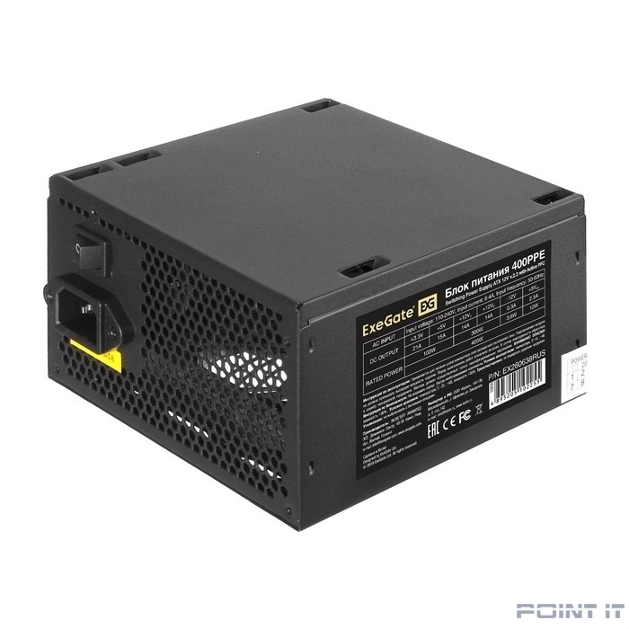 Exegate EX260638RUS-PC Блок питания 400W ExeGate 400PPE (ATX, APFC, PC, КПД 80% (80 PLUS), 12cm fan, 24pin, (4+4)pin, PCIe, 5xSATA, 3xIDE, black, кабель 220V в комплекте)