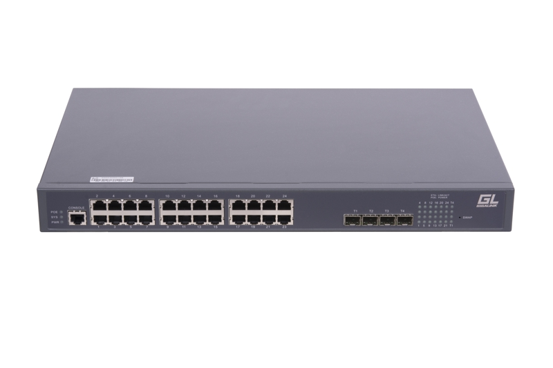 Управляемый коммутатор L2 POE GIGALINK 24 BASE-TX 10/1001000Mb/s POE, 4 1/10G SFP+, 1 Console. 1U 19", 220V, 400W