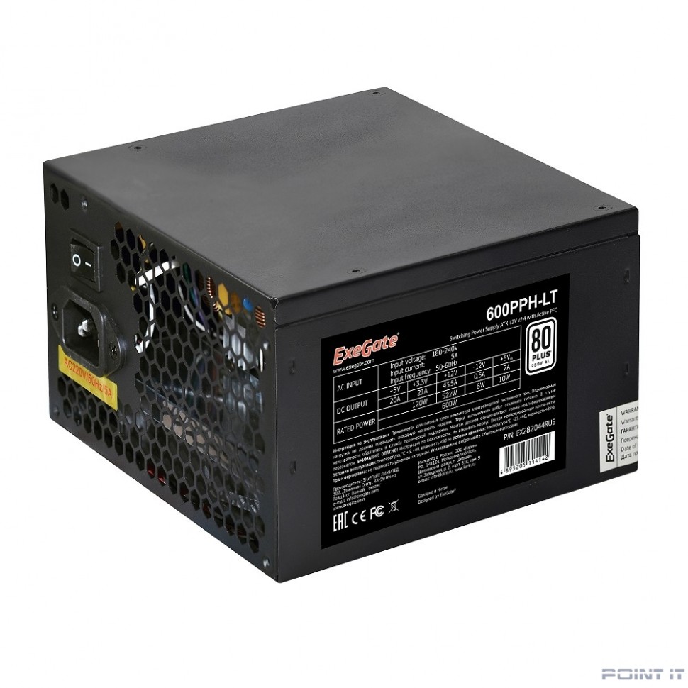 Exegate EX282044RUS Блок питания 600W Exegate 600PPH-LT, 80+, RTL, ATX, black, APFC, 12cm, 24p, (4+4)p, 5*SATA, 3*IDE