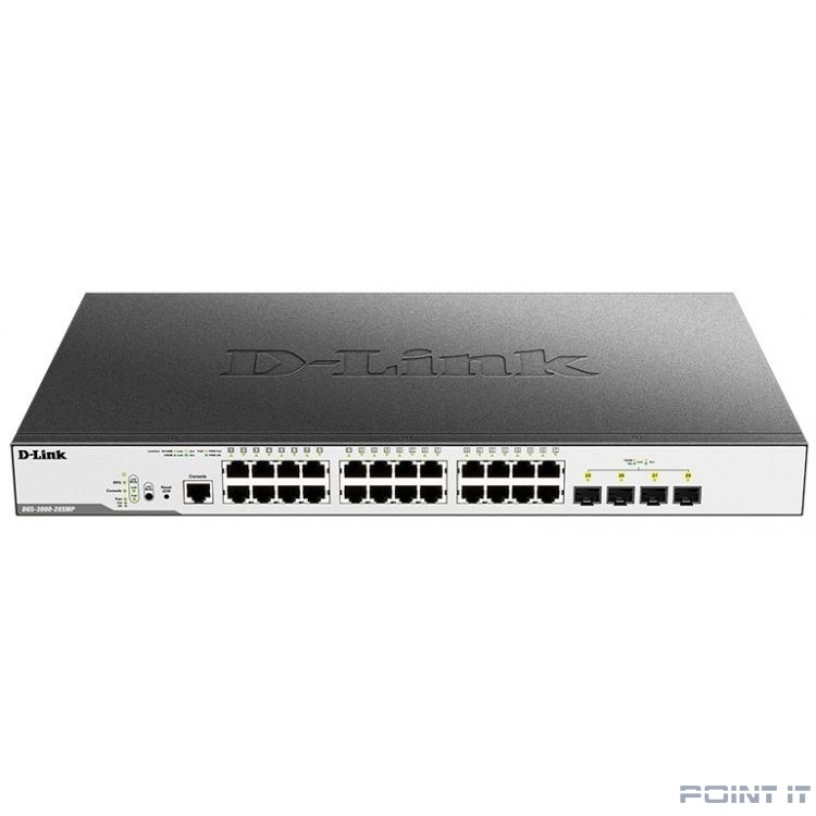 D-Link DGS-3000-28XMP/B1A Управляемый L2 коммутатор с 24 портами 10/100/1000Base-T и 4 портами 10GBase-X SFP+ (24 порта PoE 802.3af/at, PoE-бюджет 370 Вт)