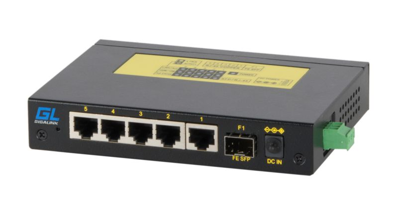 Коммутатор GIGALINK, неуправляемый, индустриальный на DIN рейку, 5 x 10/100 mbs + SFP 100Base-FX, питание 12-24В (питание поставляется отдельно 10 ватт)
