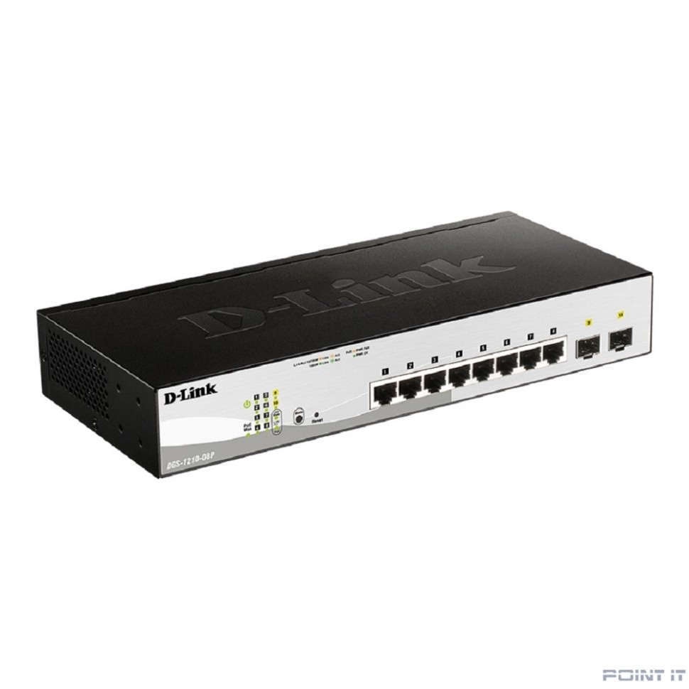 D-Link DGS-1210-08P/G3A Настраиваемый L2 коммутатор с 8 портами 10/100/1000Base-T и 2 портами 1000Base-X SFP (8 портов PoE 802.3af/at, PoE-бюджет 65 Вт)