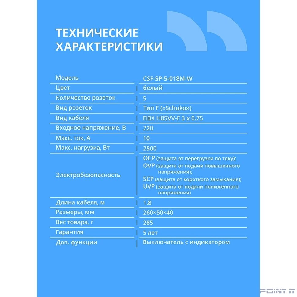 CBR Сетевой фильтр CSF SP-5-018M-W, 10A, 5 евророзеток, защита от детей, 3x0.75мм2, медь, 1.8 м, белый