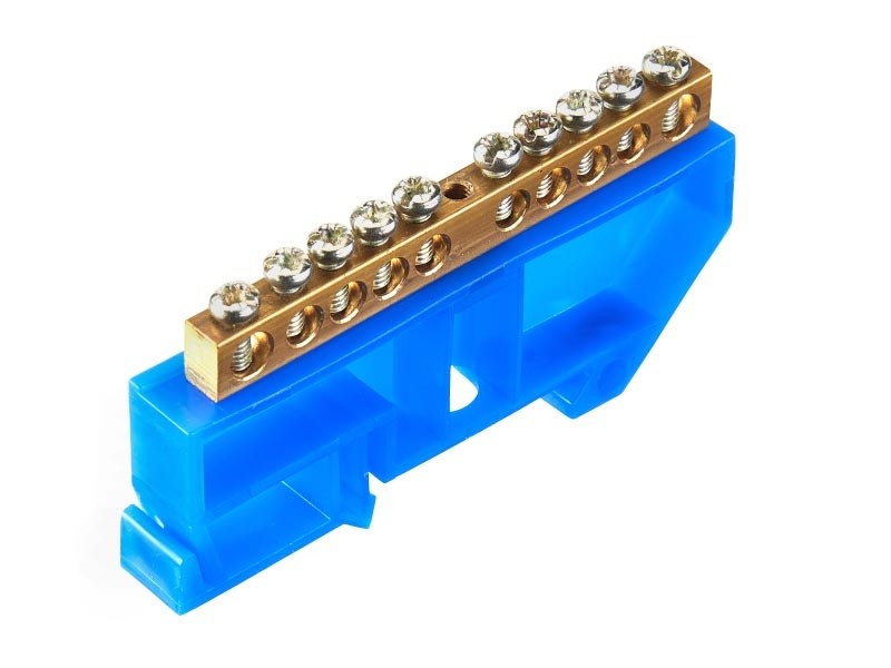 Шина N ноль на изоляторе DIN, синий, 6х9мм, 10 групп, латунь