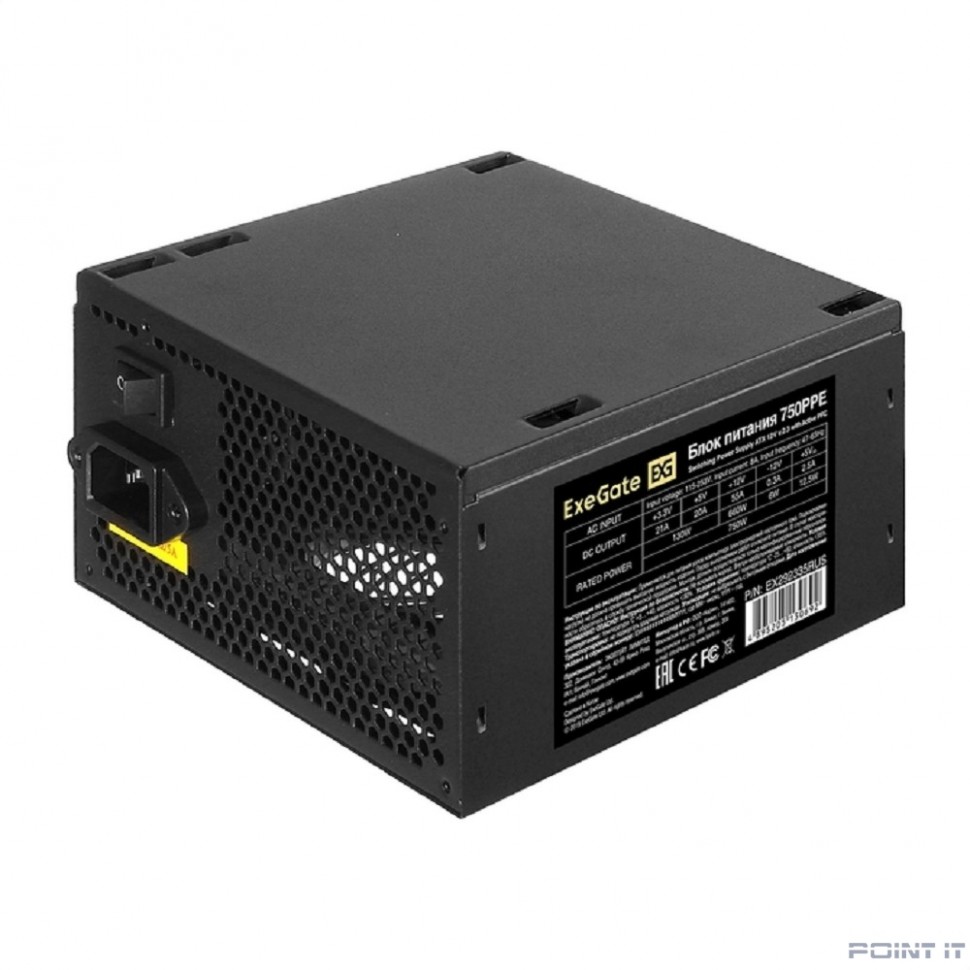 Блок питания 750W ExeGate 750PPE (ATX, APFC, PC, КПД 80% (80 PLUS), 12cm fan, 24pin, 2x(4+4)pin, 4xPCI-E, 6xSATA, 3xIDE, black, кабель 220V в комплекте 1,8м)