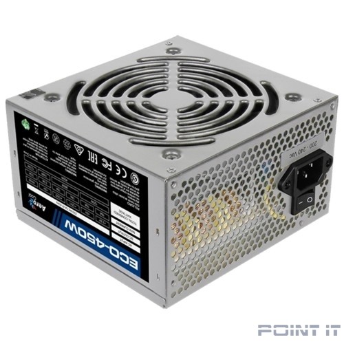 Aerocool 450W Retail ECO-450W ATX v2.3 Haswell, fan 12cm, 400mm cable, power cord, 20+4P, 12V 4P, 1x PCI-E 6P, 2x SATA, 2x PATA, 1x FDD