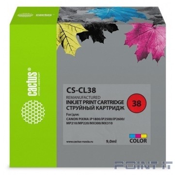 Cactus CL-38 Картридж для Canon Pixma iP1800/iP1900/iP2500/iP2600/MP140/MP190/MP210/MP220/MP470/MX300/MX310, голубой/пурпурный/желтый