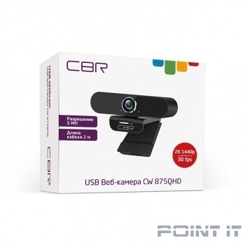 CBR CW 875QHD Black, Веб-камера с матрицей 5 МП, разрешение видео 2560х1440, USB 2.0, встроенный микрофон с шумоподавлением, автофокус, крепление на мониторе, длина кабеля 2 м, цвет чёрный